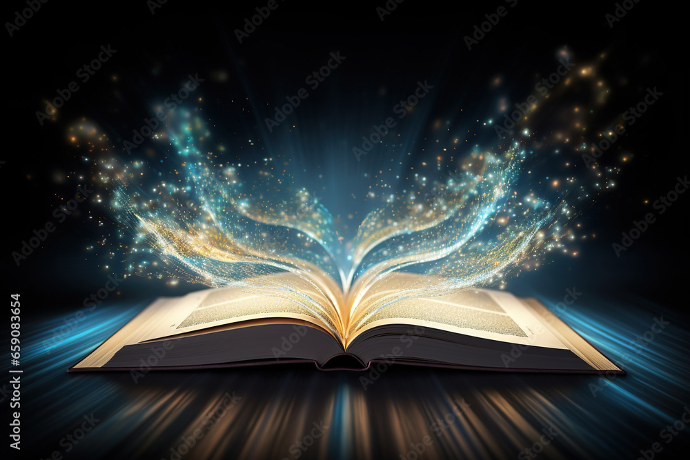 Mystic magic book, open pages with mystery light - obrazy, fototapety, plakaty 
