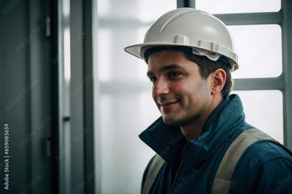 Portrait of the senior successful confident senior male factory worker standing in Nuclear power plant. Green energy concept Portrait of the senior successful confident senior male factory worker standing in Nuclear power plant. Green energy concept