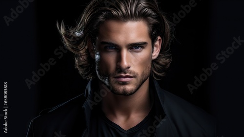 Masculine Hair Model with Luxurious Long Hair.masculine young man with lush, thick, and long hair, showcasing the allure of a hair product