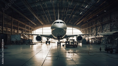 Aircraft in the hangar. Front view. Aircraft maintenance, aircraft repair concept.
