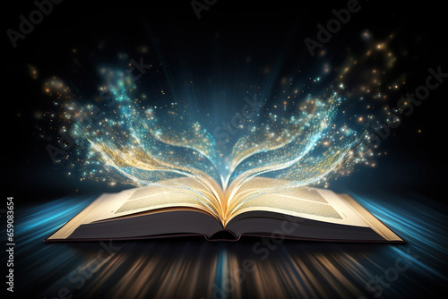 Mystic magic book, open pages with mystery light