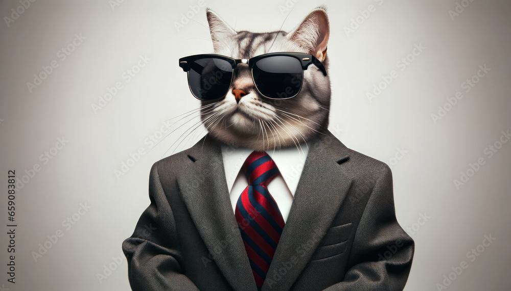 Digital photo capturing a cat in a playful yet formal getup. The feline's attire consists of a neatly tailored suit and tie Digital photo capturing a cat in a playful yet formal getup. The feline's attire consists of a neatly tailored suit and tie