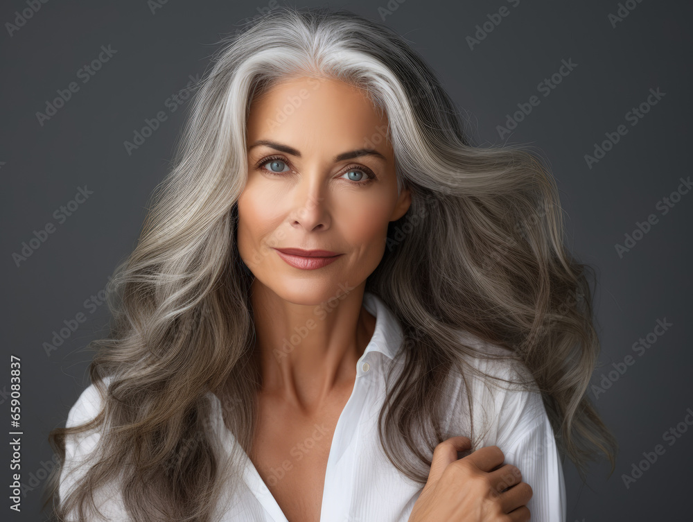 Portrait of a beautiful woman with smooth healthy face skin. Gorgeous aging mature confident woman with long gray hair and happy smiling. Beauty and cosmetics skincare advertising concept. Portrait of a beautiful woman with smooth healthy face skin. Gorgeous aging mature confident woman with long gray hair and happy smiling. Beauty and cosmetics skincare advertising concept.