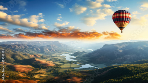 Hot air balloonist soaring over picturesque landscapes background with empty space for text 