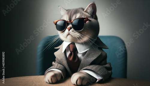 Photograph of a cat that means business. Dressed in a snazzy suit and tie, and flaunting a pair of sunglasses photo
