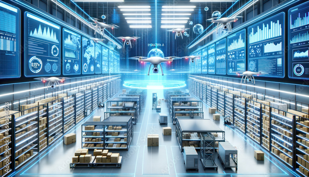 3D render of an advanced retail warehouse where Industry 4.0 concepts come to life. 