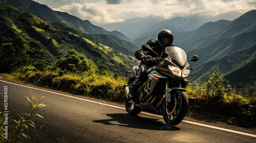 Motorcyclist navigates winding mountain roads soaking in the scenic beauty 