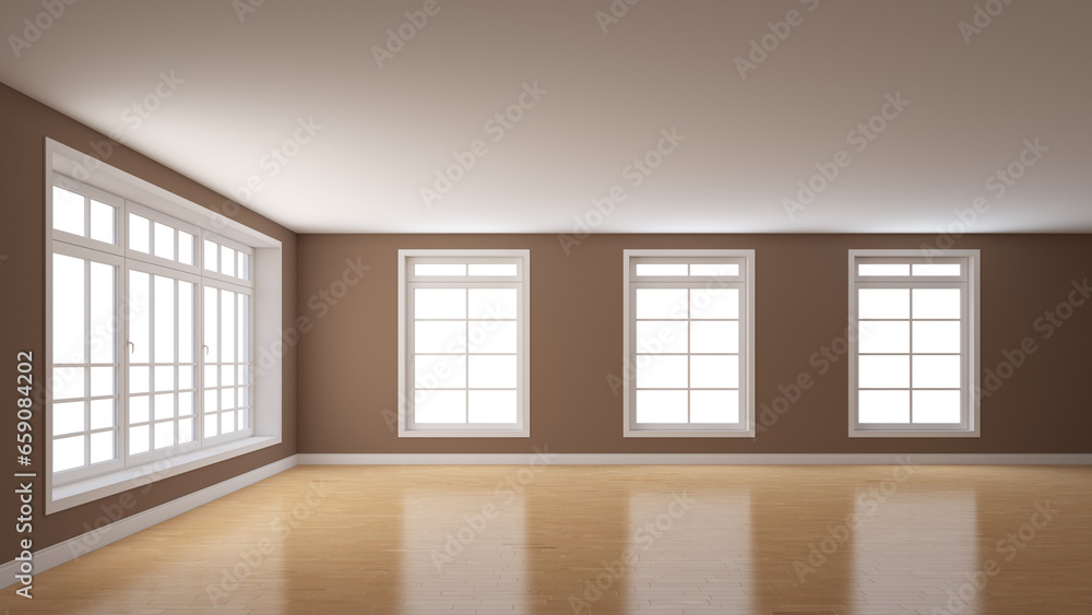 Fototapeta premium Empty Room with Brown Plastered Walls, a Large Window on the Left and Three Windows on the Center. White Plinth and a Light Parquet Floor. Mockup Interior. 3d Render, 8K Ultra HD, 7680x4320, 300 dpi