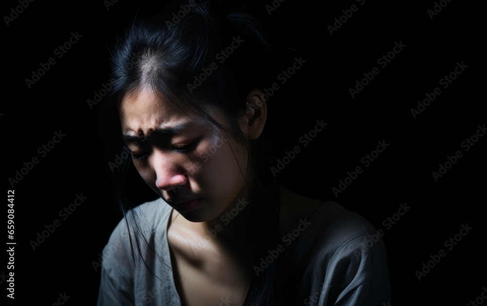 Young woman crying in the dark, feeling sad tired, and worried suffering depression in mental health.