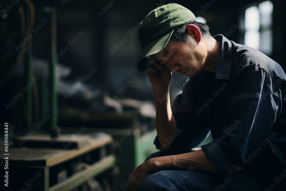 Obraz premium A tired factory worker takes a break, seeking rest after a demanding day amidst the factory machines.