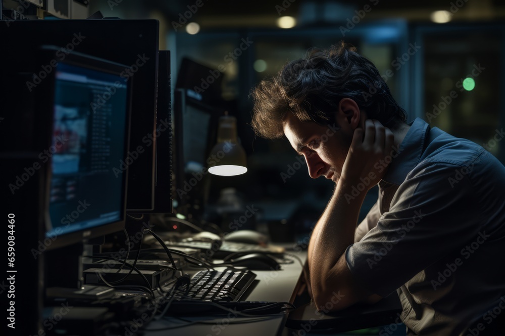 An tired office worker, Working late into the night. burning the midnight oil. An tired office worker, Working late into the night. burning the midnight oil.