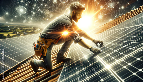 Photo capturing a solar power engineer meticulously installing solar panels on a roof. © Svitlovska