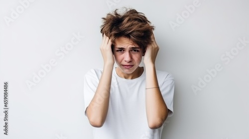 A teenager has a headache. photo