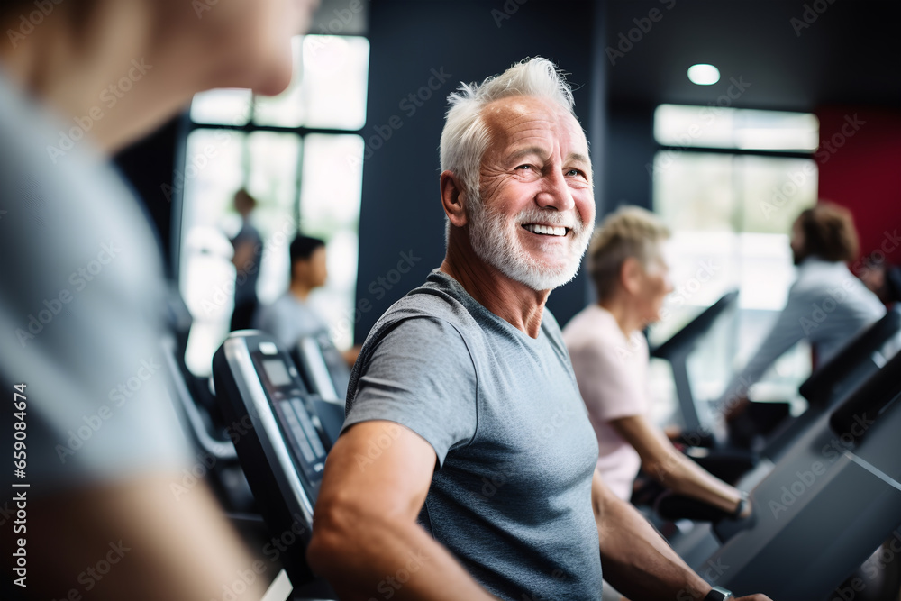 Senior man running on a treadmill in a health club with a trainer. ia generated Senior man running on a treadmill in a health club with a trainer. ia generated