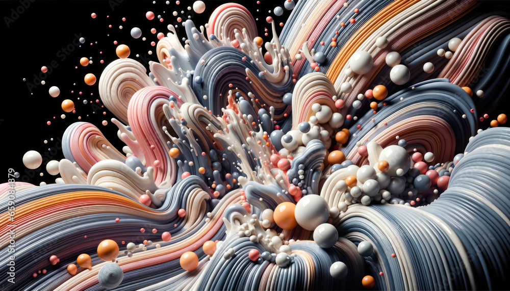 High-resolution 3D visualization of an abstract background, where paint bubbles rise and merge amidst flowing liquid waves. - obrazy, fototapety, plakaty 