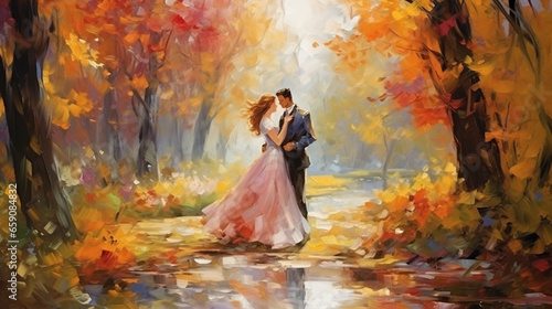 Abstract oil painting of newly married couple in autumnal forest, impressionism, beautiful artistic image for poster, wallpaper, art print.