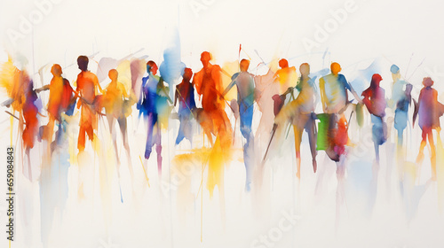 Crowd of people panorama, abstract watercolor painting with bright and bold colors, meeting on the street. Beautiful artistic image for poster, wallpaper, art print. 