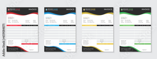 Modern and creative invoice design template, four color variation bundle design for business cash memo, payment, receipt, bill form, corporate minimal style vector layout with new wavy shapes photo