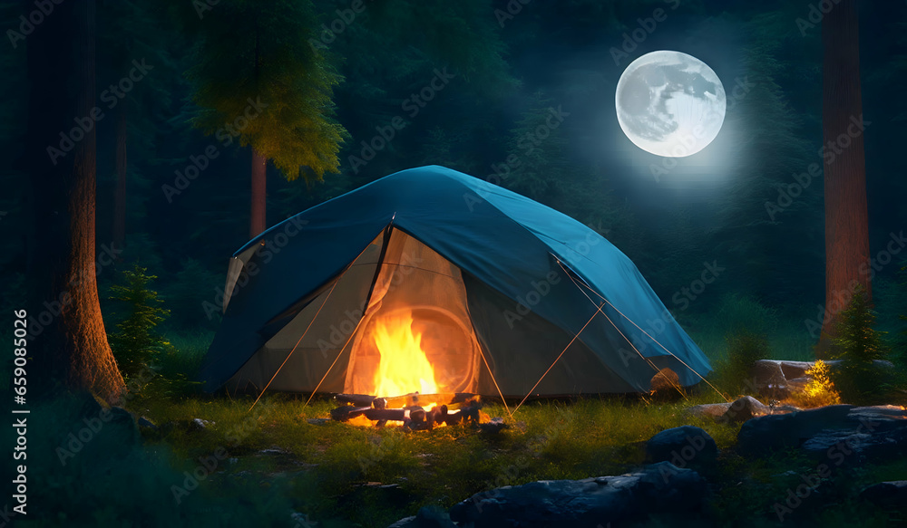 Camping in the forest at night with bonfire and tent.