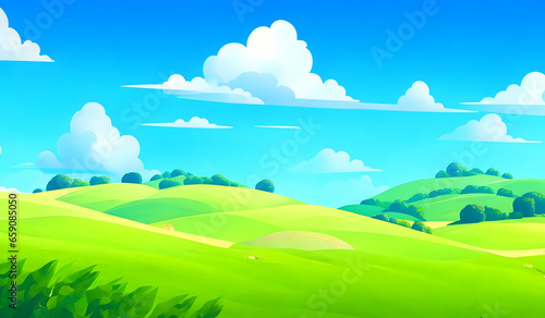 Summer landscape with green meadow and blue sky.