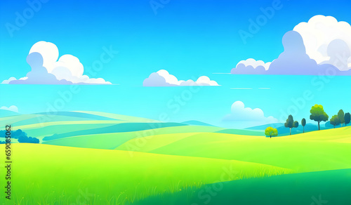 Summer landscape with green meadow and blue sky.