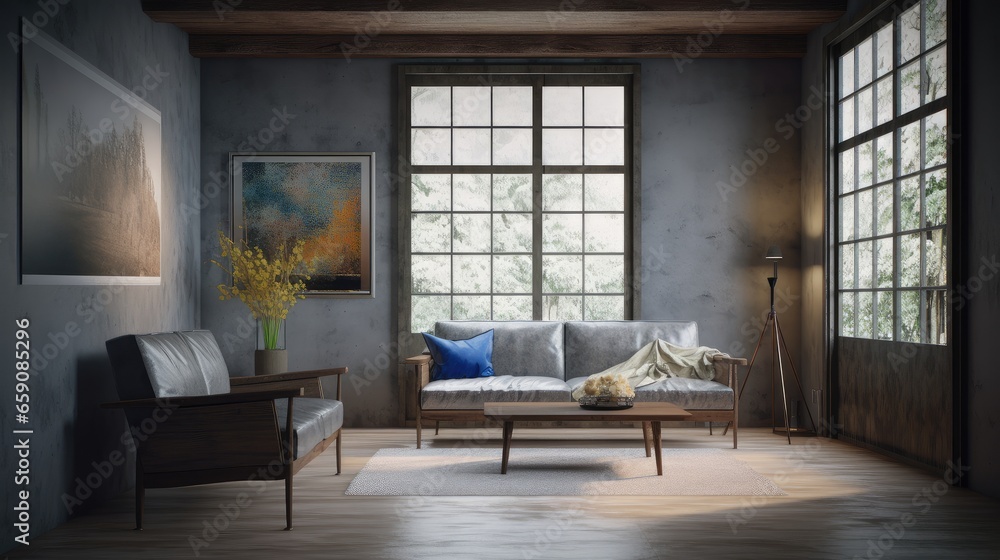 Light living room interior with couch and armchair with panoramic window Light living room interior with couch and armchair with panoramic window