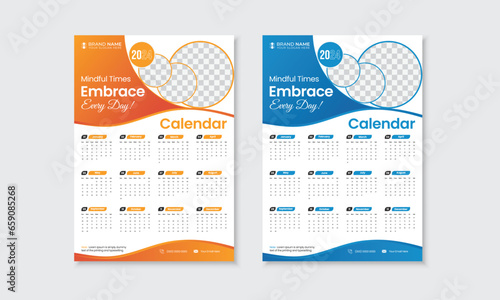 New 2024 creative and corporate monthly wall calendar, week start Sunday, simple modern colorful hanging one page 12 month calendar with place for photos, print ready office use stationery template
