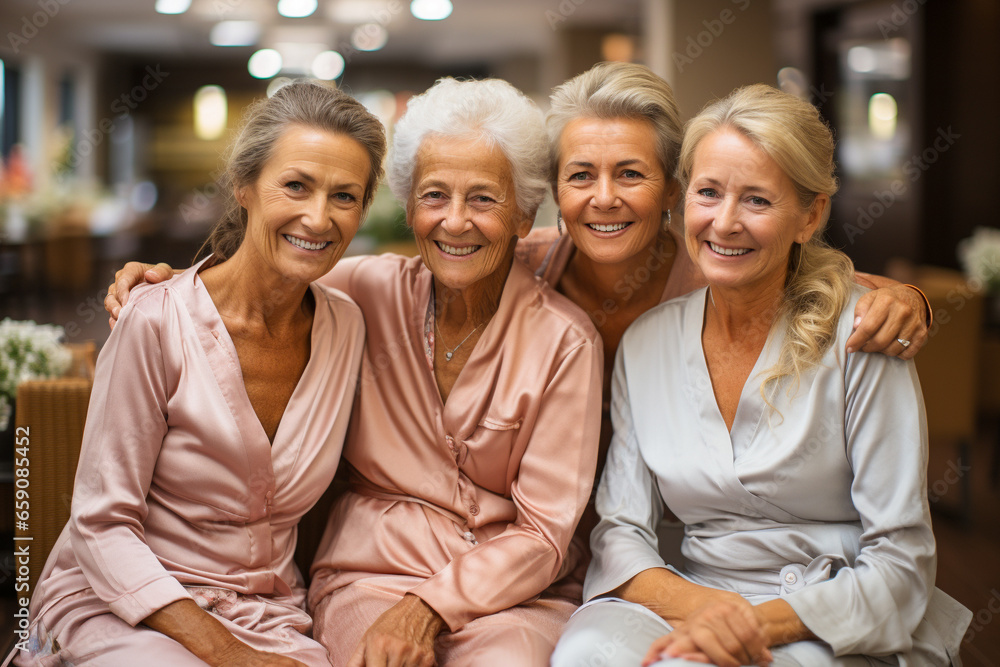 Four happy smiling female senior friends looking to the camera Four happy smiling female senior friends looking to the camera