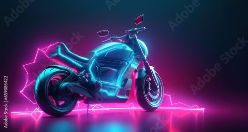 Bright purple and azure futuristic motorbike illuminated by glowing neon lights on dark background.