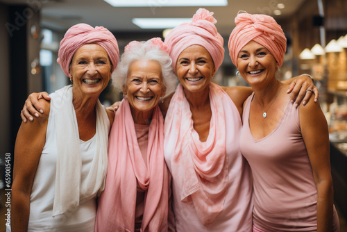 Four happy smiling female senior friends in pink bathrobe and turbans photo