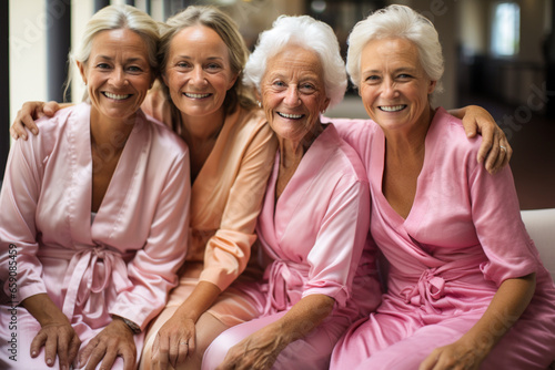 Four happy smiling female senior friends in pink bathrobe