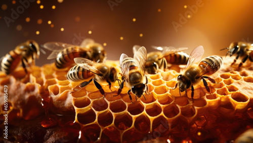 Bees crawl on honeycombs with honey. © Alina Zavhorodnii