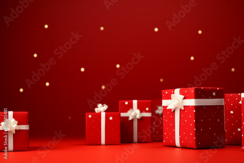 Wrapped gifts in festive red with golden ribbons for holiday celebrations and special occasions, generative ai