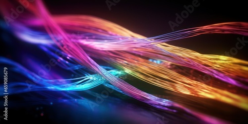 Neon light Bright and multicolor Fiber Cables on a Black Background.
