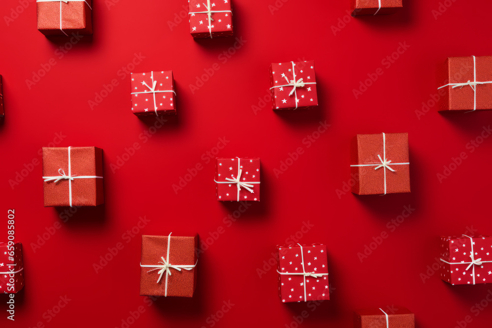 Wrapped gifts in festive red with golden ribbons for holiday celebrations and special occasions, generative ai Wrapped gifts in festive red with golden ribbons for holiday celebrations and special occasions, generative ai