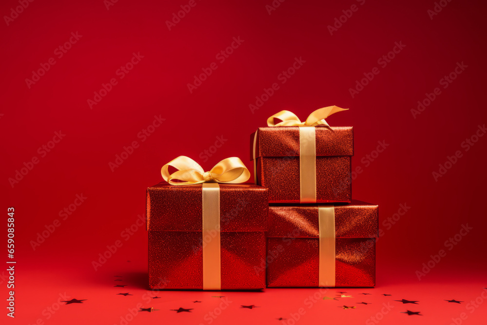 Obraz premium Wrapped gifts in festive red with golden ribbons for holiday celebrations and special occasions, generative ai