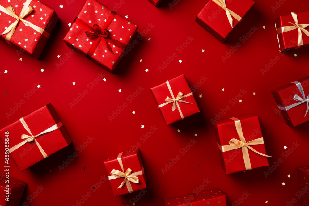 Wrapped gifts in festive red with golden ribbons for holiday celebrations and special occasions, generative ai