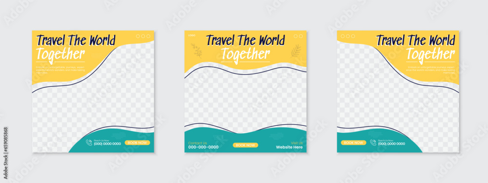 Tour travel holiday vacation social media post design, set of abstract square web banner ads, poster or flyer for summer beach traveling business offer promotion marketing, easy to use and edit - obrazy, fototapety, plakaty 