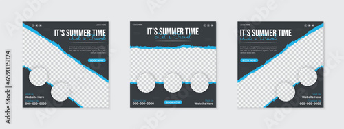 Set of tour and travel square social media post template design, editable holiday tourism agency Instagram marketing web banner ads promotion, modern creative layout with blue and black brush stroke