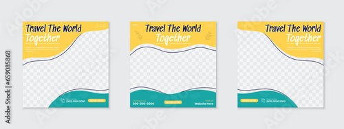 Tour travel holiday vacation social media post design, set of abstract square web banner ads, poster or flyer for summer beach traveling business offer promotion marketing, easy to use and edit