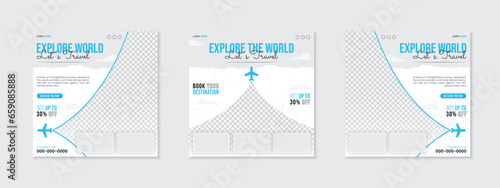 Adventure travel advertisement square social media post design, set of creative templates for tour agency holiday marketing business promotion, editable web banner, poster layout with place for photos