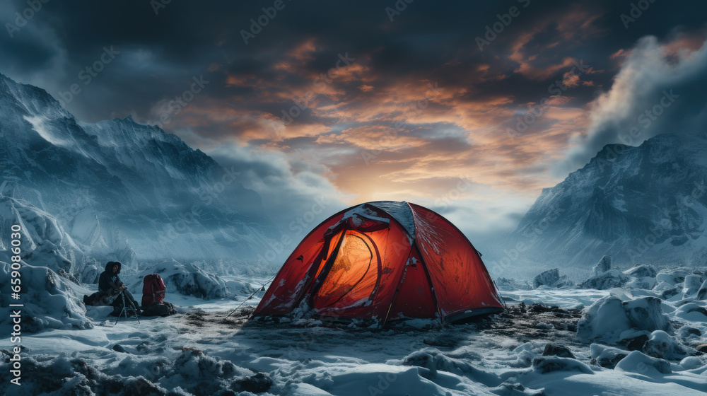 Snowbound Refuge: Dark Red Tent in a Finnish Mountain Blizzard. Generative AI