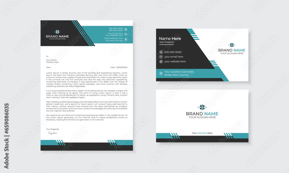 Modern corporate professional letterhead and business card set for company growth and business marketing promotion, agency branding, brand identity, stationery editable vector design template