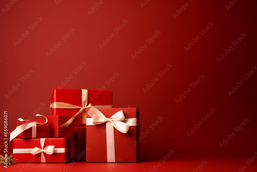Wrapped gifts in festive red with golden ribbons for holiday celebrations and special occasions, generative ai Wrapped gifts in festive red with golden ribbons for holiday celebrations and special occasions, generative ai