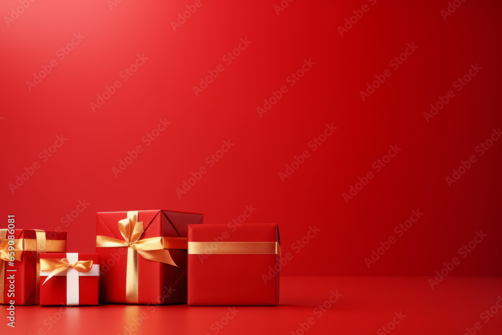 Wrapped gifts in festive red with golden ribbons for holiday celebrations and special occasions, generative ai Wrapped gifts in festive red with golden ribbons for holiday celebrations and special occasions, generative ai