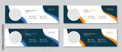 Clean and modern email signature or email footer design template with wavy shapes in four different styles, professional personal social media cover with an author photo place vector banner bundle