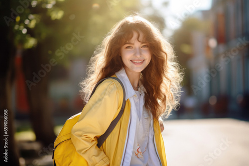 Portrait of a girl with a backpack on a sunny day, student on the street