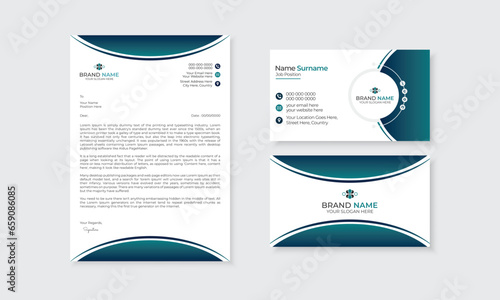 Minimalist professional creative letterhead and business card template set, clean and simple design with editable vector layout, brand identity, stationery, branding marketing ads in colorful gradient