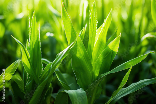 This close-up captures vibrant green biofuel crops like corn or sugarcane, highlighting their role in sustainable energy production.
