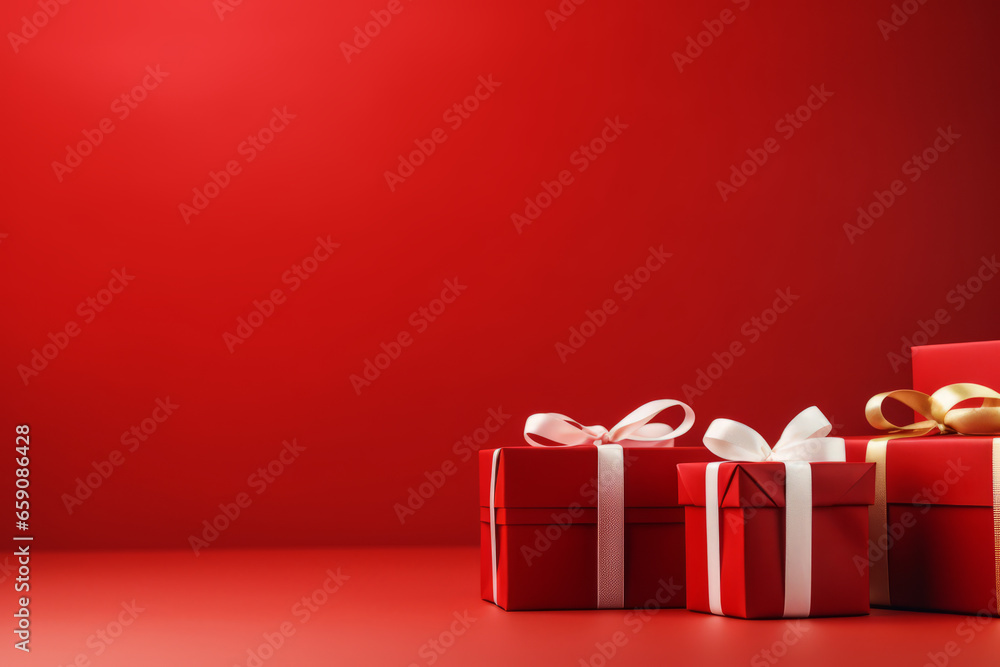 Wrapped gifts in festive red with golden ribbons for holiday celebrations and special occasions, generative ai Wrapped gifts in festive red with golden ribbons for holiday celebrations and special occasions, generative ai
